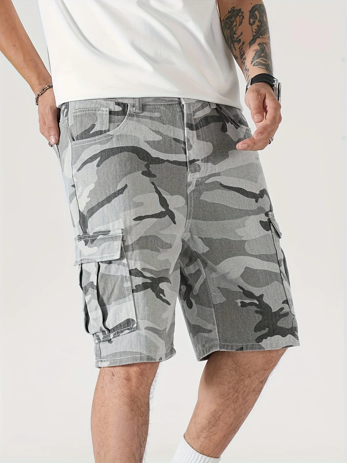 

Men's camo workwear denim shorts, summer casual workwear shorts, versatile mid-length sports shorts