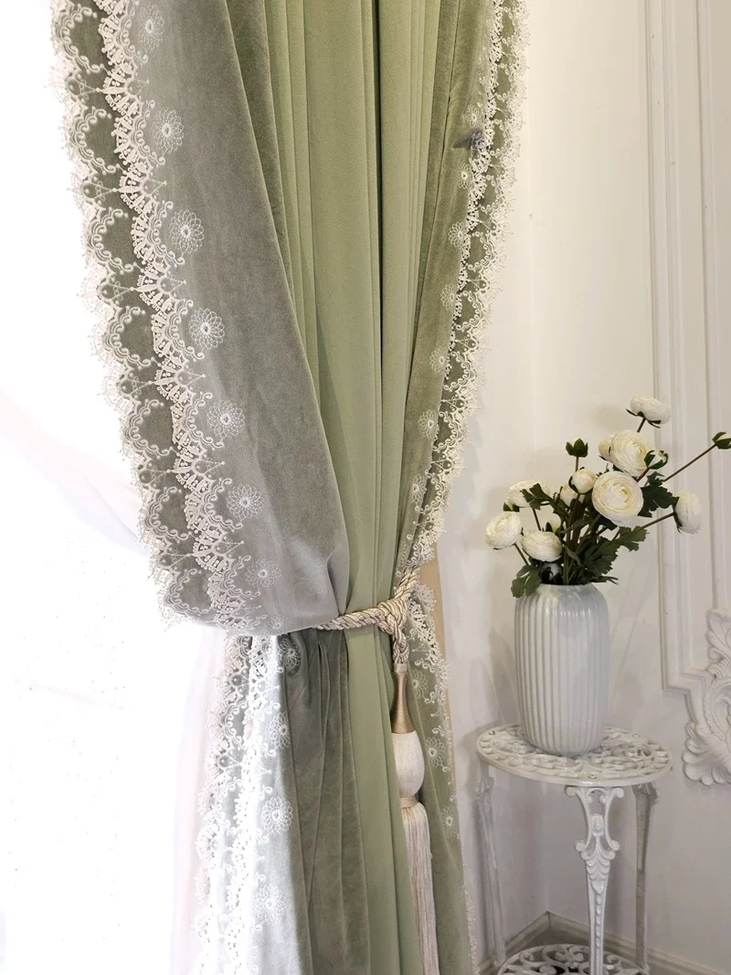 تخصيص الدانتيل الأخضر التطريز المخملية سميكة ستائر التعتيم لغرفة المعيشة غرفة نوم نافذة الفرنسية شرفة فيلا #3