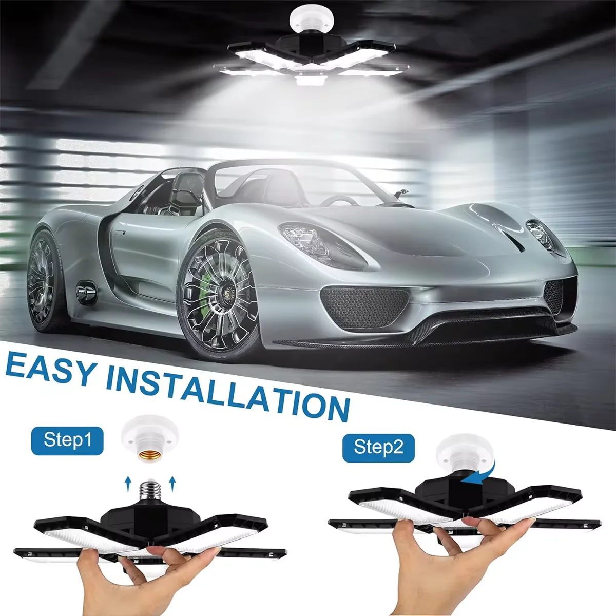 LED Garage Light with 5/8/10 Adjustable Panels Super Bright E27/E26 Ceiling Lighting Work Light for Basement Workshop Warehouse