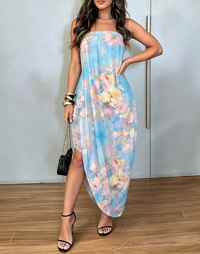 Women's Dress 2026 New Watercolor Floral Print Sexy Strapless Ruched Bodycon Dress Asymmetrical Double Layer Vacation Sundress