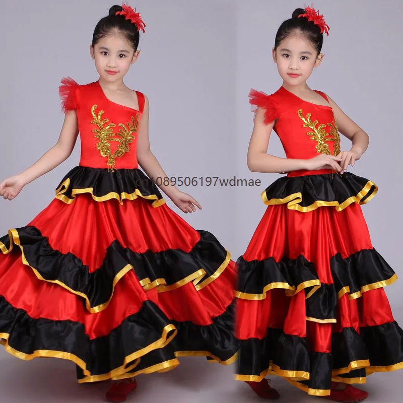 

Mädchen Flamenco Stage Performance Costumes Spanish Bullfighting Dance Large Skirt Tiered Ruffles Satin Ballroom Opening Dresses