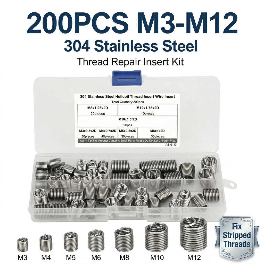 200PCS M3-M12 Helicoil Thread Repair Insert Kit 304 Stainless Steel Wire Inserts Screw Sleeve Assortment Set for Metal Repair