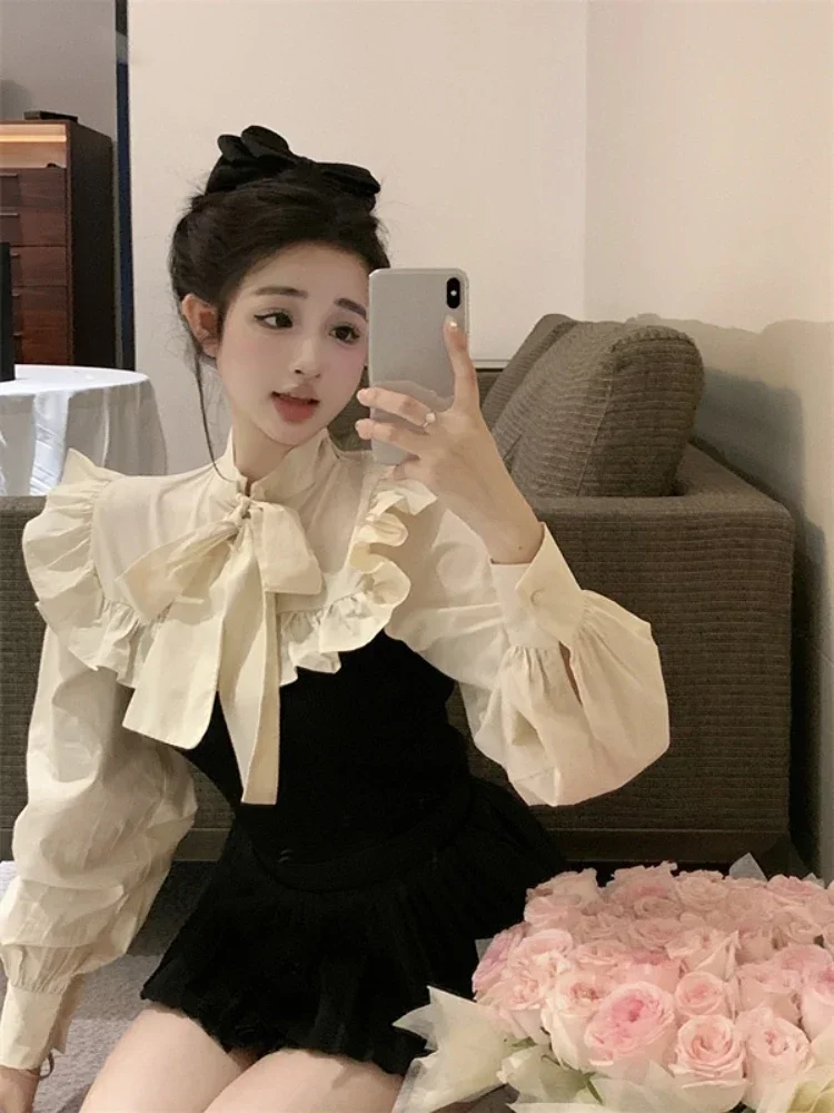 Ezgaga Elegant Shirts Women Chic Bow Bandage Ruffles Patchwork Stand Collar Long Sleeve Sweet Blouse Fashion Ladies Crop Tops