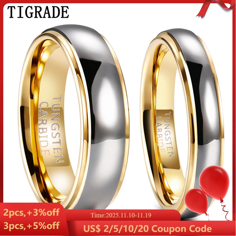 

Tigrade 4mm/6mm Men Women Tungsten Carbide Ring Gold Plated Polished Rings Engagement Wedding Bands For Lover Couple