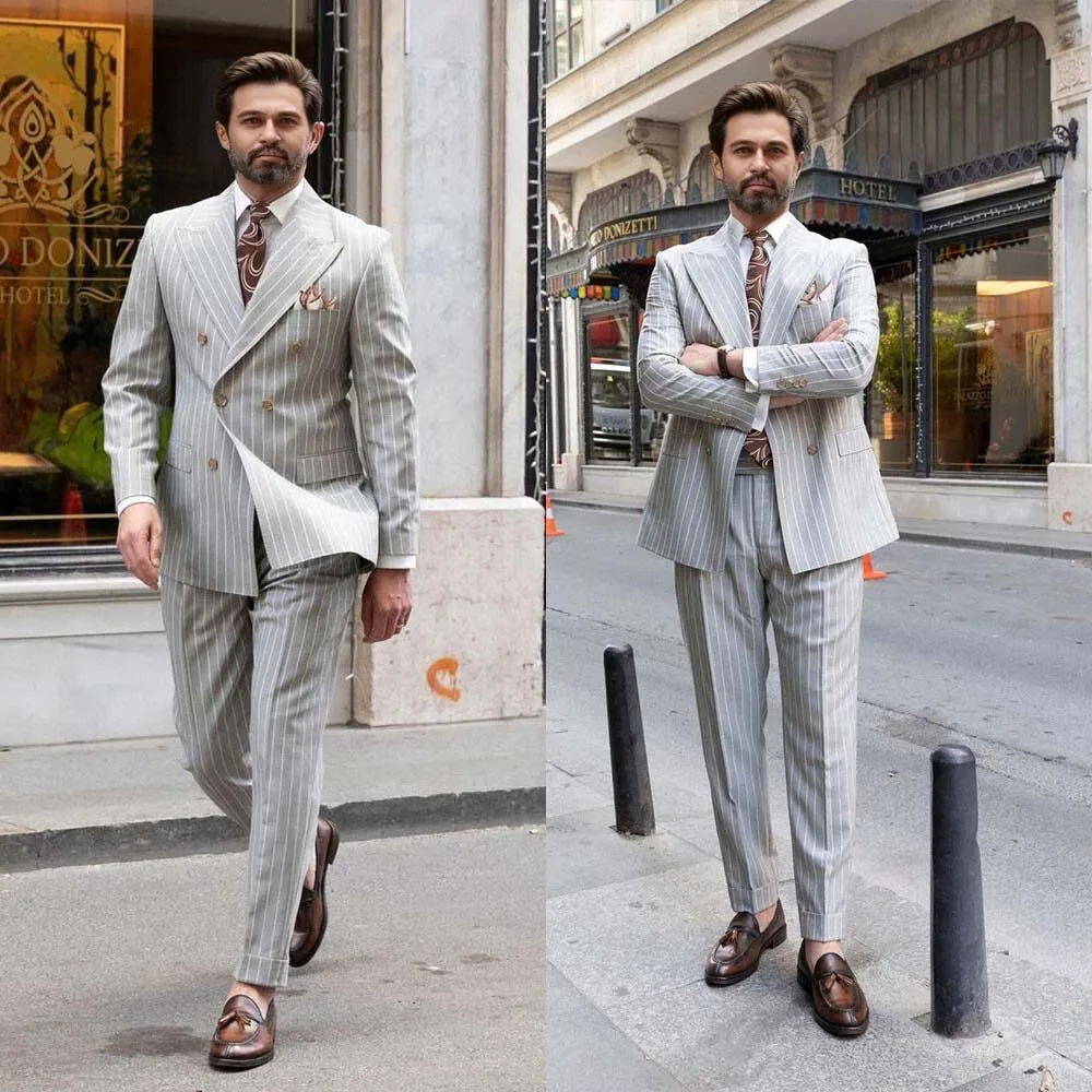 

Gray white Business Striped Men Suits 2pcs suit jacket suit pants Double Breasted Regular Fit Groom Formal Peak Lapel man suit