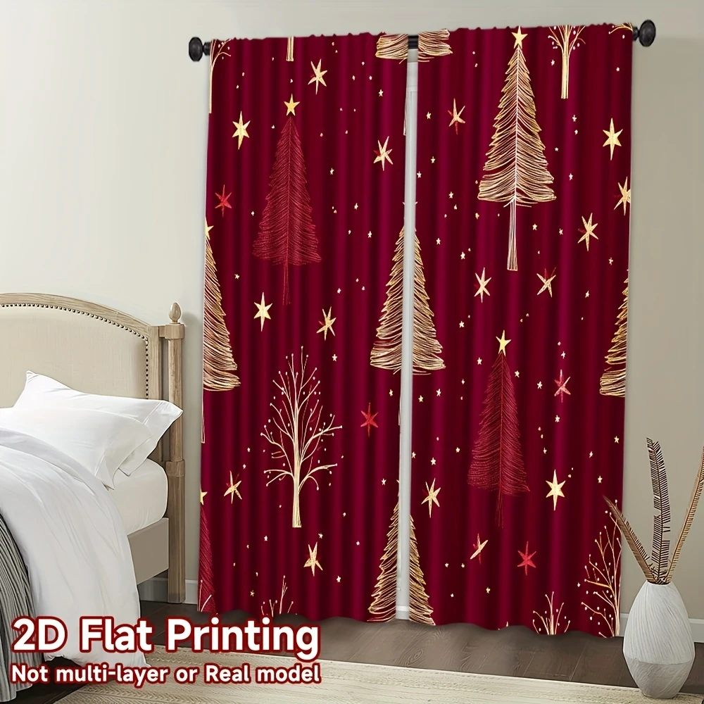 Burgundy Gold Line Art Tree Star Curtains, Rod Pocket, Polyester, Home Decor, Bedroom Living Room, Elegant Home Decor, Polyester