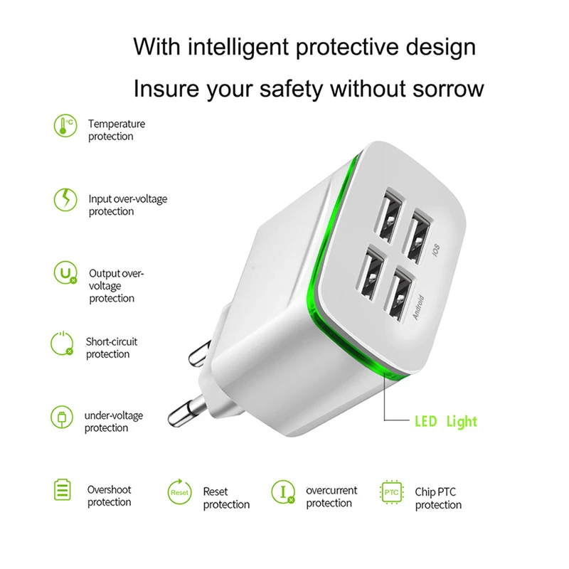 LED light USB Charger Fast Charge Wall Charging For iPhone 12 11 Samsung Xiaomi Mobile 2/4 Ports EU Plug Adapter Travel