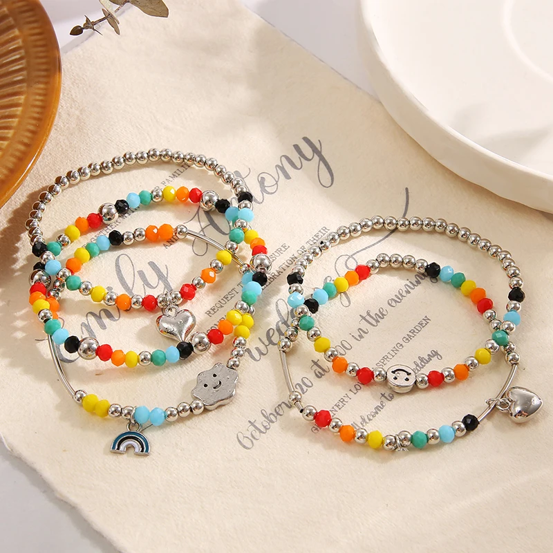 Boho Colorful Beaded Bracelets For Women Girls Cute Rainbow Smile Heart Elastic Chain Bracelet Trendy Jewelry Gifts Accessories