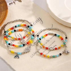 Boho Colorful Beaded Bracelets For Women Girls Cute Rainbow Smile Heart Elastic Chain Bracelet Trendy Jewelry Gifts Accessories