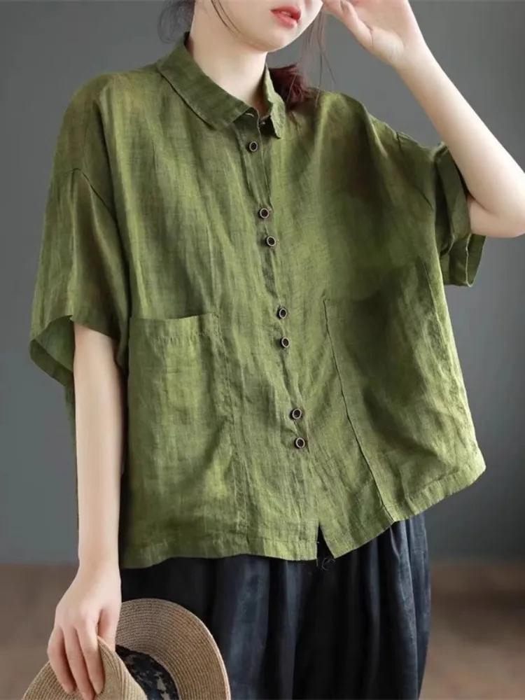 

Модная женская рубашка из хлопка и льна, свободного кроя, повседневная, с коротким рукавом, классическая, на пуговицах