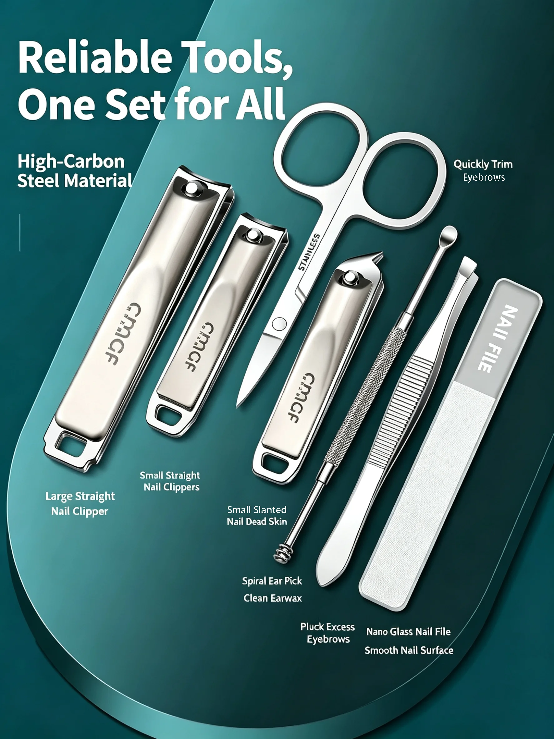 7Pcs Stainless Steel Manicure Set Daily Nail Care Grooming Kit Large Straight Slant Nail Clippers With Ear Pick PU Storage Case