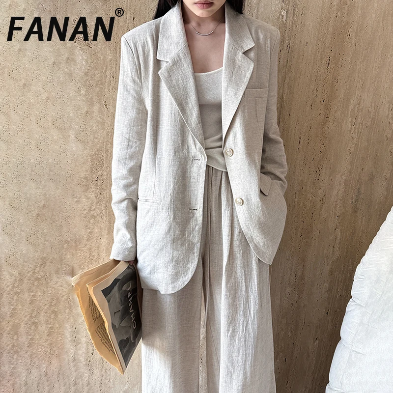 

FANAN льняной солнцезащитный крем, комплект из 2 предметов, женские однобортные свободные пиджаки с лацканами + свободные брюки с высокой талией и завязками, новинка лета 2023 г.