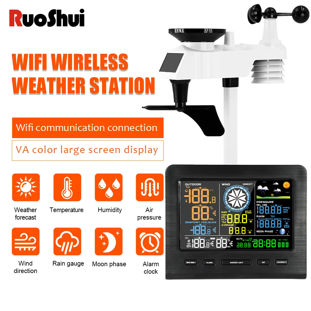 WiFi Weather Station 8 in 1 Internet Wireless With Outdoor Sensor Rain Gauge Professional Weather Forecast Humidity Wind Gauge