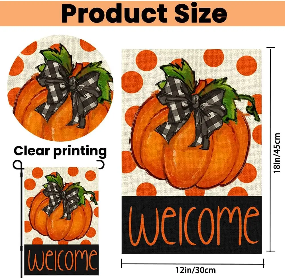 Fall Pumpkin Welcome Garden Flags 12x18 Inch Double Sided Vertical Polka Dot Flags Thanksgiving Orange Pumpkin Design Yard Flag