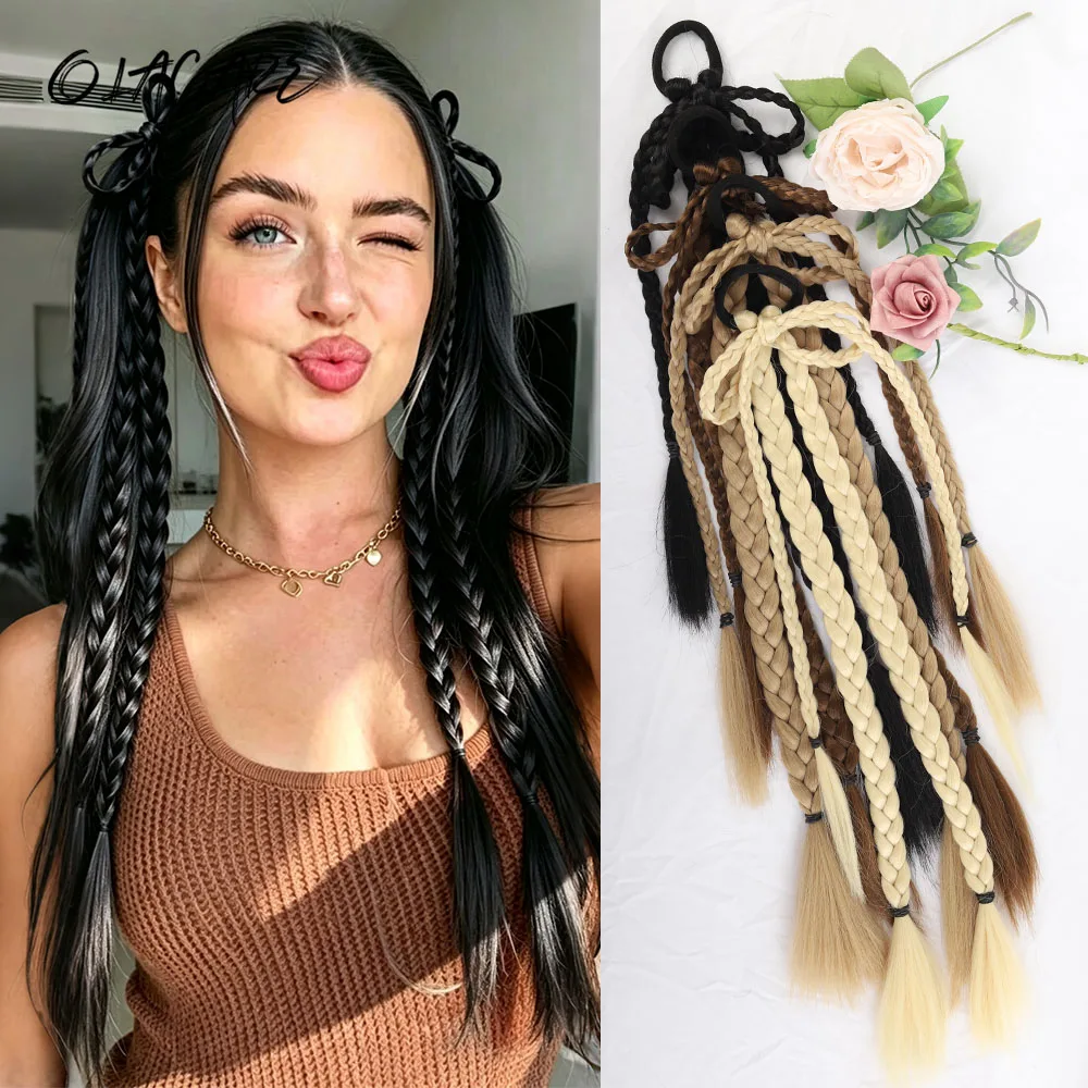Synthetic 24Inch Long Black Bow Braids Braided Ponytail Hair Extension With Rubber Band Boxing Braids For Women Hair Accessories
