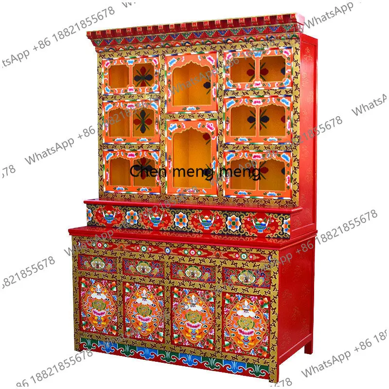 Tibetan-style painted Buddhist niche cabinet, household solid wood offering table, shrine Buddhist cabinet can be customized