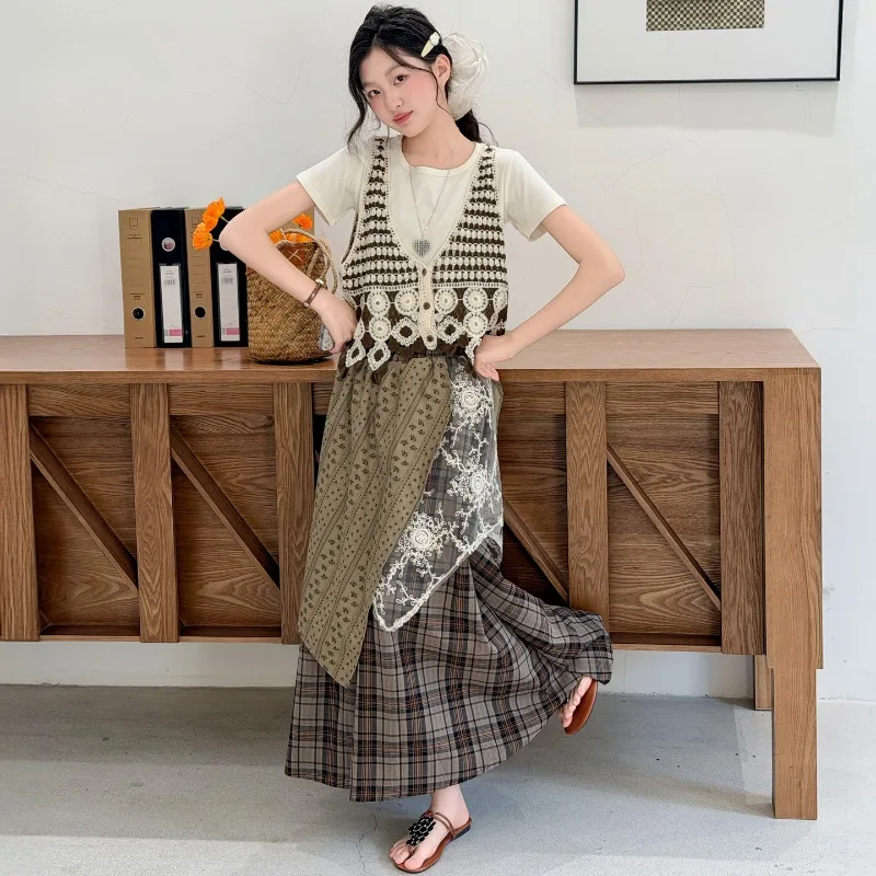 Girls Summer Three Piece Outfit 2026 Bohemian Style Crochet Vest Short Sleeve T Shirt and Plaid Patchwork Skirt Children Clothes