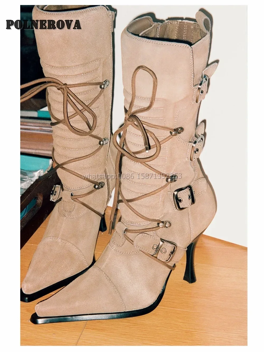Women Booties Punk Spicy Girl Knee High Boots 2024 Trend Belt Buckle Cross Tied Booty Pointed Toe Stiletto Solid Patchwork Punk
