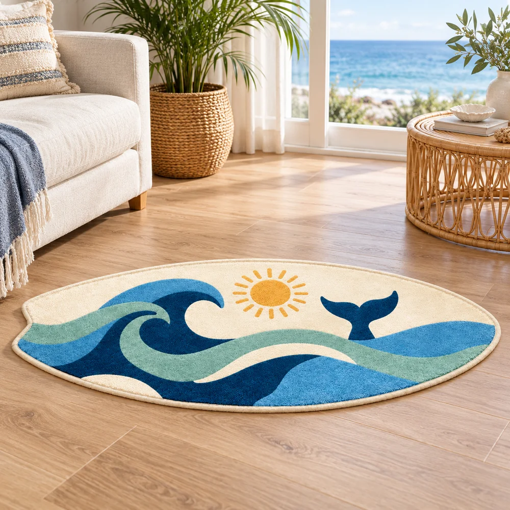Ocean Wave Surfboard Shaped Area Rug Soft Short Plush Whale Tail Coastal Floor Mat for Bathroom Bedroom Living Room Home Decor