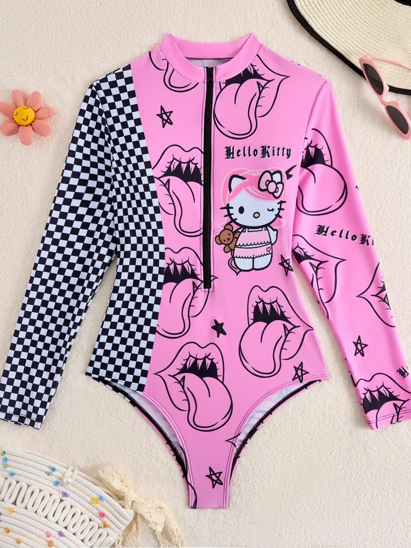 Sweet & Cool Hello Kitty Long Sleeve One-Piece Swimsuit, Checkerboard Color Block, Half-Zip Mock Neck Sun Protection Rash Guard