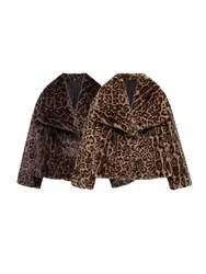 Women's Thick Warm Leopard Faux Fur Jacket, Lapel Collar Coat, Long Sleeve Female Outerwear, Chic Tops, Fashion