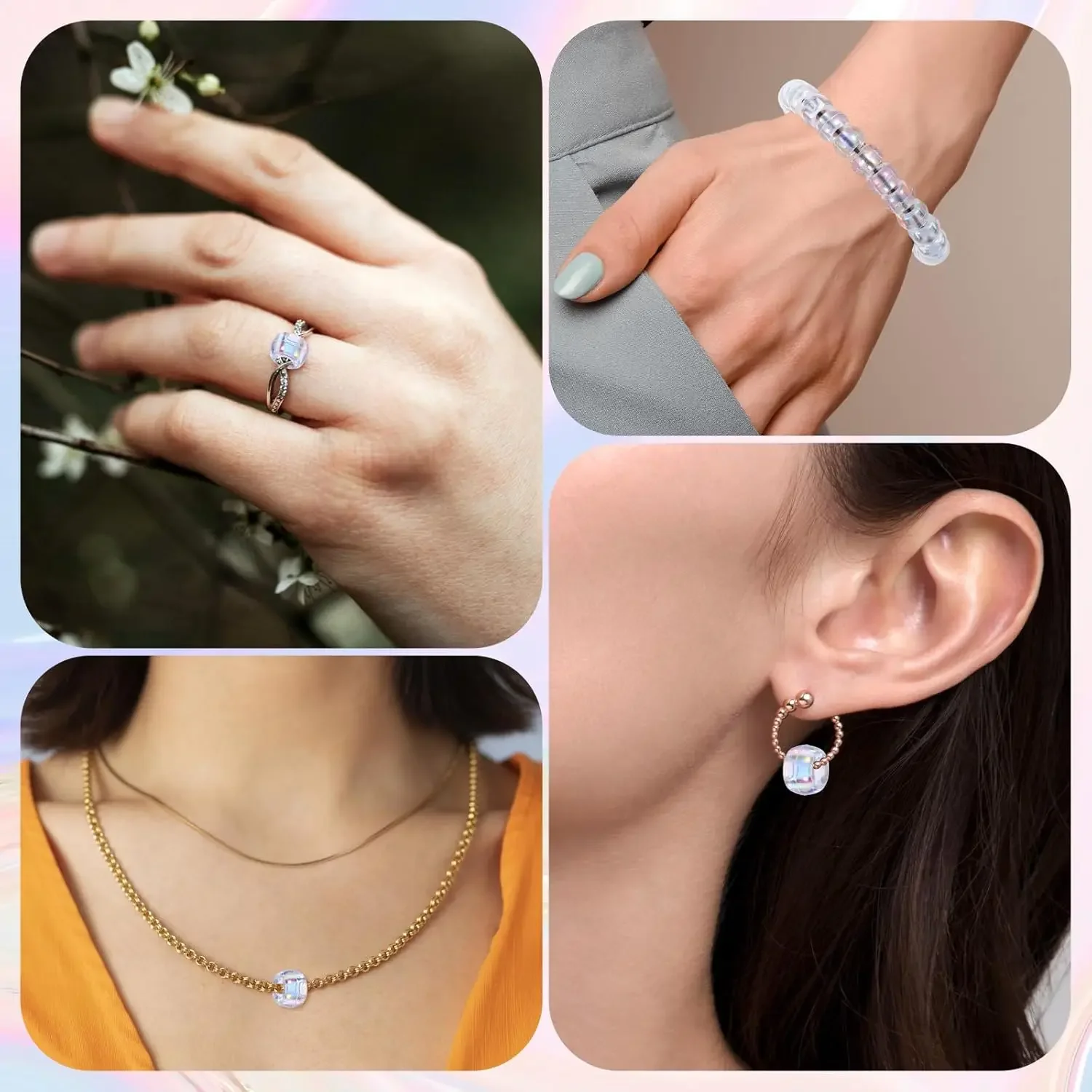 100 buah 6*9mm AB warna akrilik manik-manik kuda poni berkilau cincin rambut untuk anting gelang kalung gantungan kunci perhiasan DIY pembuatan kerajinan