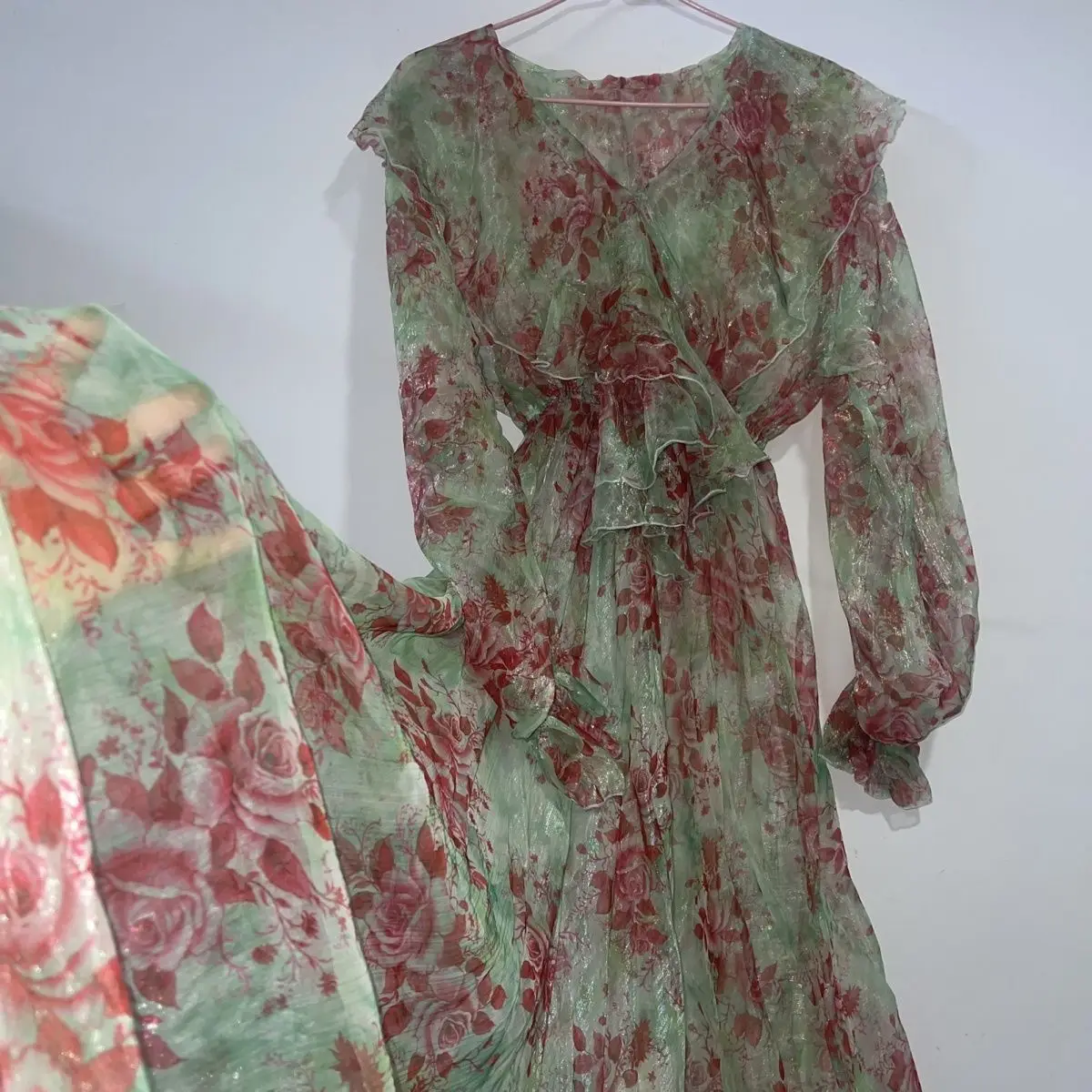 

Floral Print See Through Women Mesh Tulle Long Sleeve Dress Loose Maxi Dress Plus Size Sleeping Pajamas Robe