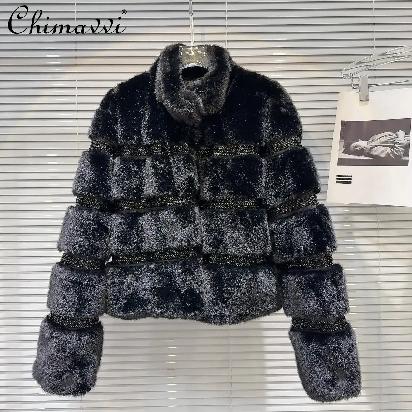 Winter New Fashion Celebrity Rhinestone Splicing Wool Padded Fur Jacket Women's Loose Long-sleeved Warm Elegant Jackets Coat