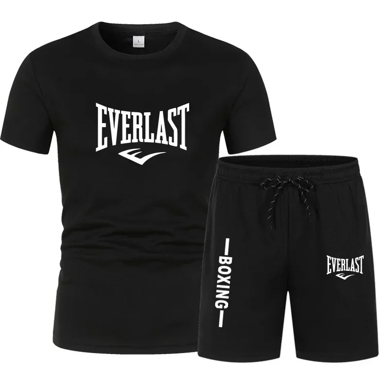 

Летний комплект футболок для мужчин, мужская футболка с принтом EVERLAST, короткий рукав + шорты, комплект из 2 предметов, повседневный пляжный спортивный мужской костюм большого размера