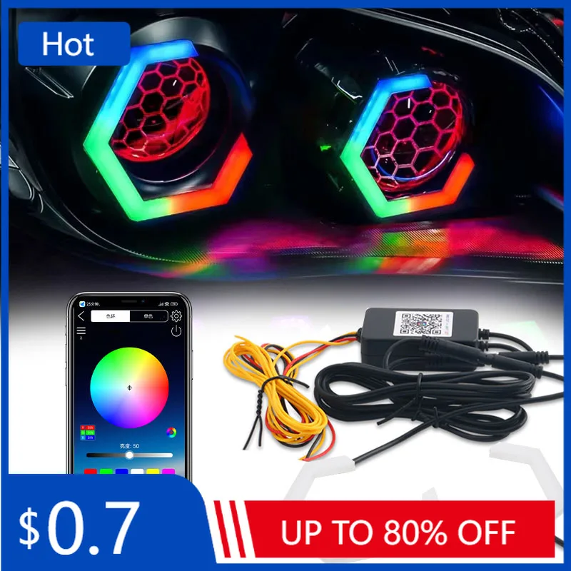 

Эмблемы 2 в 1, RGB APP Control, шестигранные ангельские глазки, кольца Halo, модернизированная фара для автомобиля, мотоцикла, белый DRL + янтарный указатель поворота