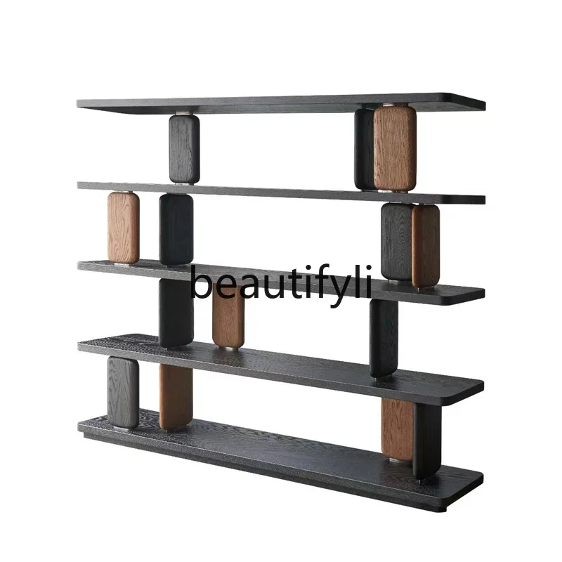 New Chinese solid wood bookshelf wabi sandy wind light luxury model room study display shelf6239