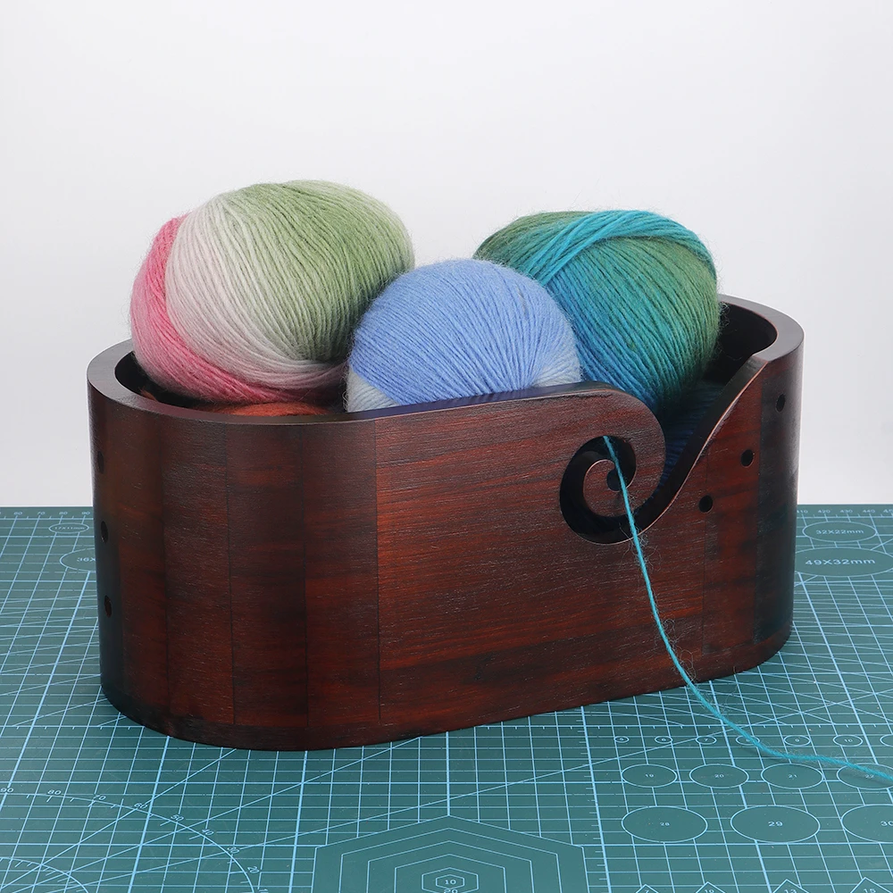 

1 шт. винтажная деревянная миска для вязания - овальное хранилище из переработанной древесины пряжи с двусторонними отверстиями для вязания, органайзер для пряжи большой емкости