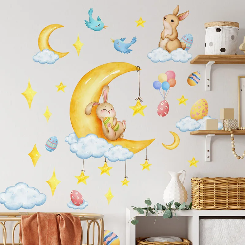 1 ชิ้นการ์ตูนอีสเตอร์ไข่ดวงจันทร์กระต่ายดาวสติ๊กเกอร์ติดผนัง ทําจากวัสดุพีวีซี กันน้ํา นํากลับมาใช้ใหม่ได้ เหมาะสําหรับห้องนั่งเล่น