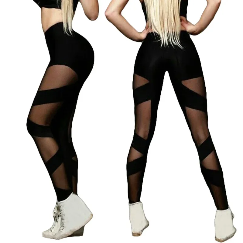 

Women High Waist Leggings Mesh Stitching Cross Sports Pants Sexy See-Through Mesh Yoga Pants High Elastic dance Nightclub pants