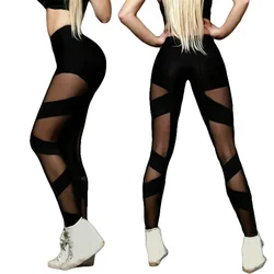 Women High Waist Leggings Mesh Stitching Cross Sports Pants Sexy See-Through Mesh Yoga Pants High Elastic dance Nightclub pants