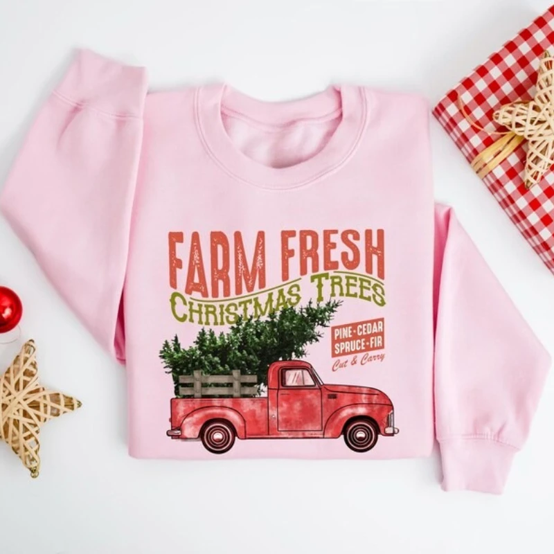 Farm Fresh Christmas Trees Sweatshirt Pine Spruce Fir Holiday Sweater Womens Winter Sweatshirt Fashion Winter Outdoors Hoody Top
