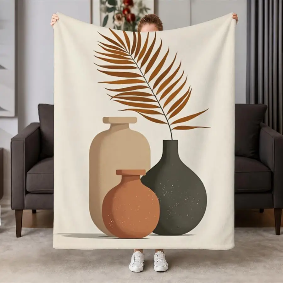 Modern Abstract Vases Flannel Throw Blanket - Minimalist Earthy Tones with Dried Palm Frond, Soft Warm Cozy Blanket for Couch Bed Office Travel, Vintage Mid-Century Home Decor Gift 2D Flat Weighted Blanket 280GS