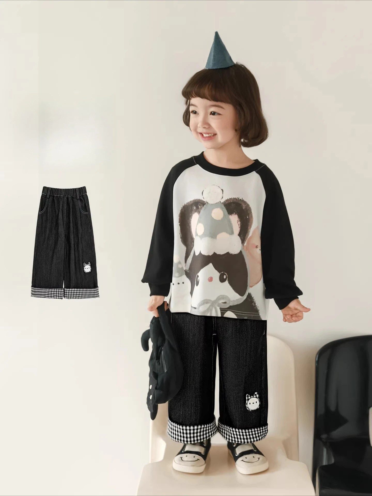 2026 Spring Girls Stretch Jeans Two-Way Wear Loose Straight Play Study Magic Kids 3-12Y