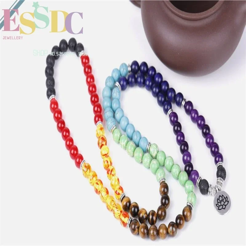 

Новинка 2022, модное красочное ожерелье из бисера для йоги, кулон в виде лотоса, древнее серебро, двойной круг, вулканический камень, трансграничная поставка