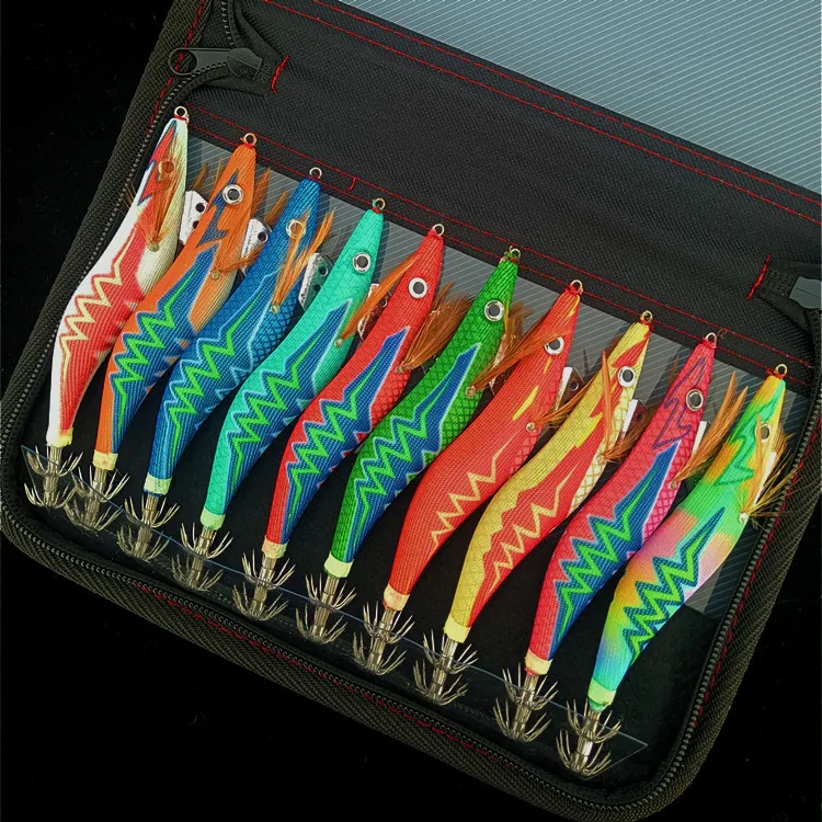 10Pcs 12g-21g Squid bait Wooden Shrimp Lead jig hook Fishing Octopus Lures Cuttlefish Artificial luminous jigging lure with bag