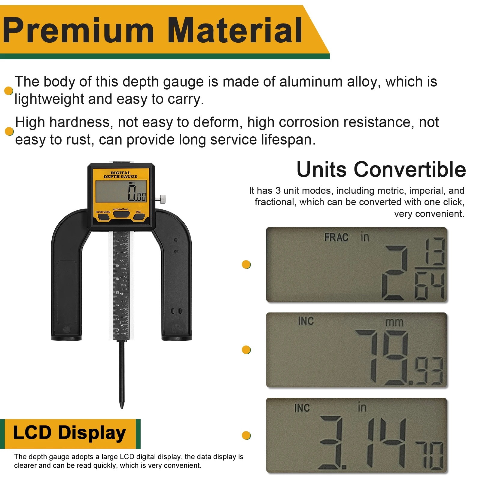 0-80mm Woodworking Depth Ruler Digital Tablesaw Height Ruler Digital Height Depth Gauge LCD Display Vernier Caliper 3 Unit Modes