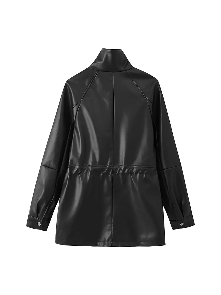 HH جديد أزياء المرأة مزدوجة الصدر الوقوف طوق طويلة الأكمام جيب الديكور سترة جلدية الإناث سليم صالح الترفيه معطف #6