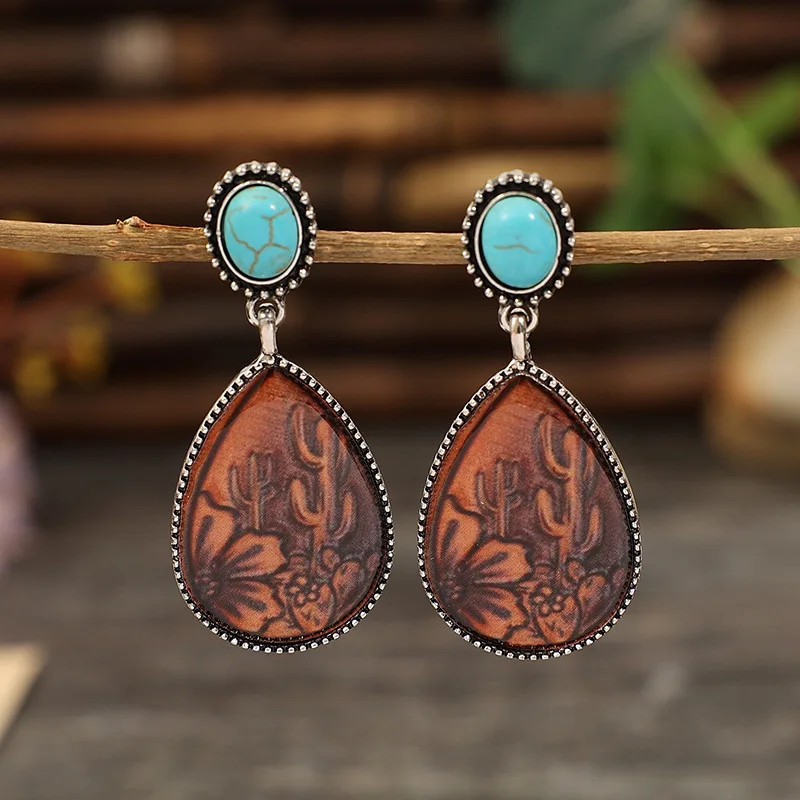 New Fashion Ethnic Style Teardrop Brown Turquoise Alloy Charming Mom Earrings Retro National Style Women's Accessories