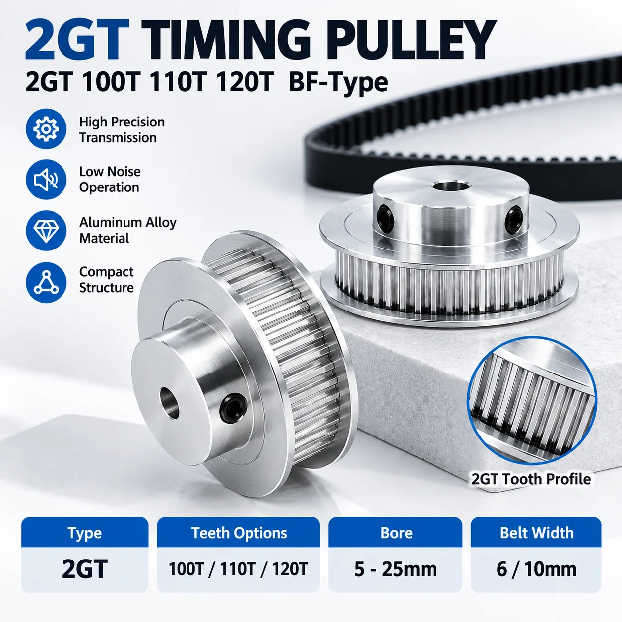 2GT Timing Pulley BF-Type 100T 110T 120T Bore 5-25mm for Belt Width 6/10mm Synchronous Pulley for 3D Printer CNC