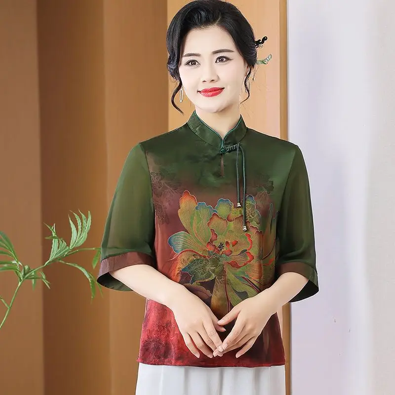 

Women's Chinese Style Peony Print Blouse Mandarin Collar Half Sleeve Gradient Silk Blend Top