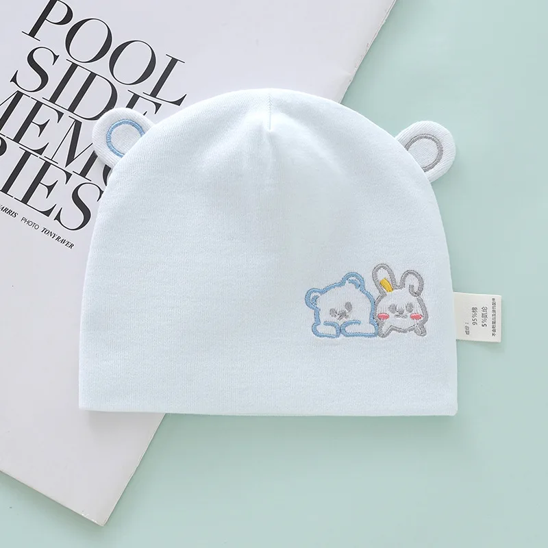 Newborn Baby Hat Spring and Autumn Cotton Comfortable Fetal Hat Baby Hoodie Single layer Doll Bear Baby Hat Blue