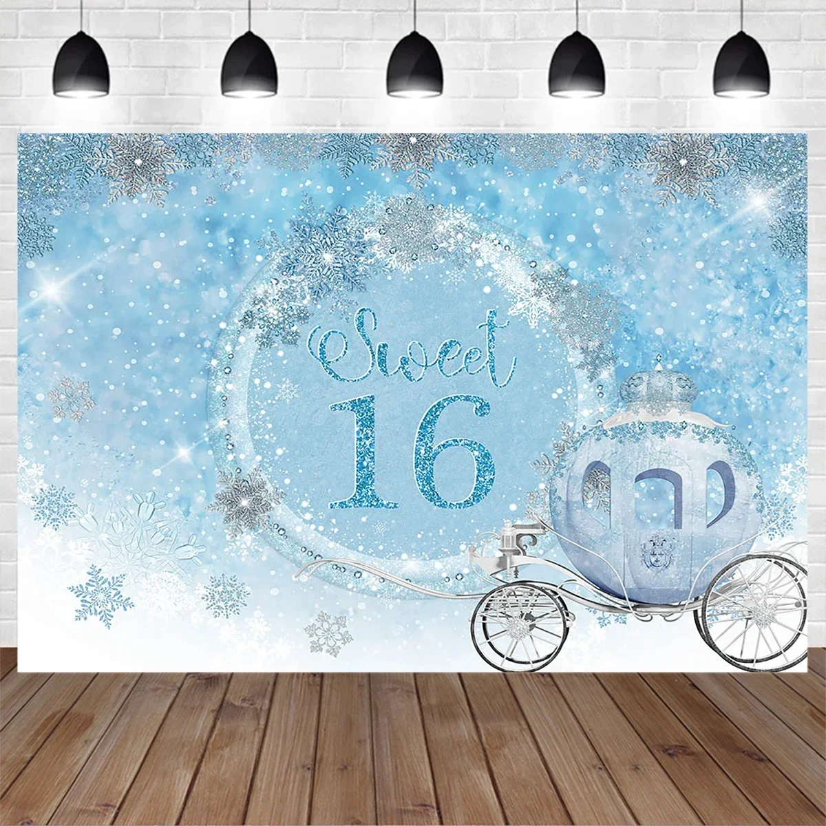

Blue Sweet Princess 16st Birthday Backdrop Winter Snowflake Crystal Pumpkin Carriage Silver Background Girl Portrait Photography