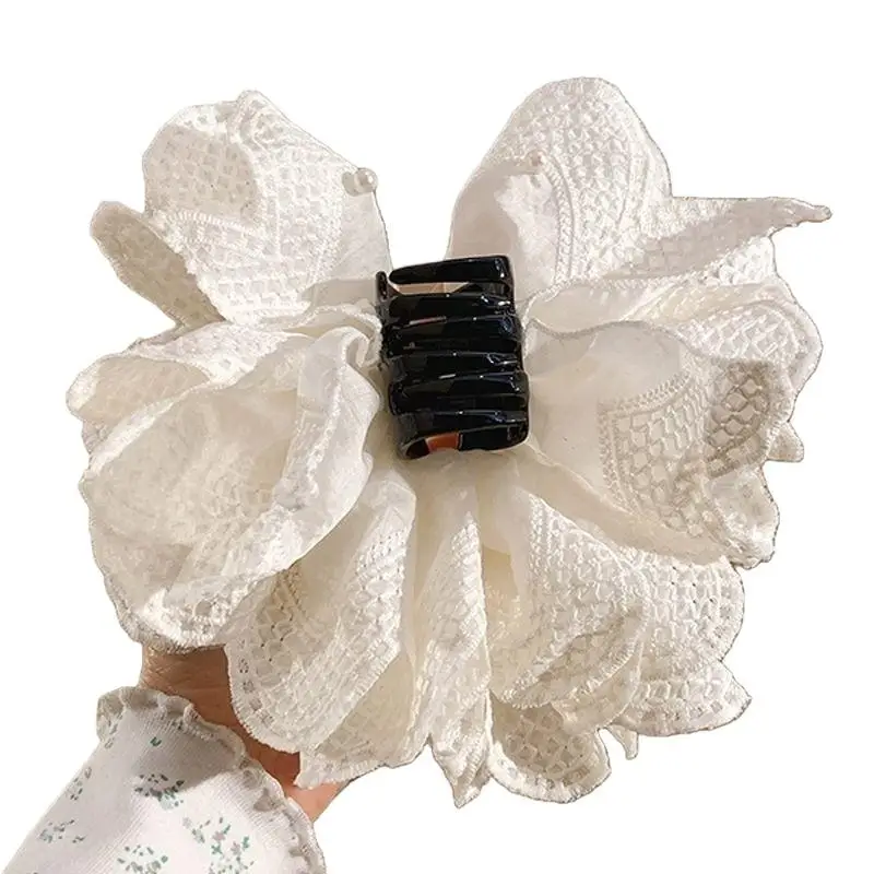 Weiße Haarspange mit Spitzenblumen, atmungsaktives Gewebe, Perlendetails für den täglichen Gebrauch, Hochzeiten, Partys – Detail 5