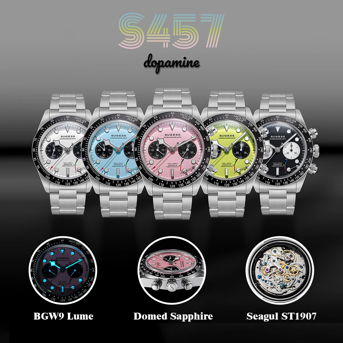 Sugess Pilot Watch Men Chronograph ST1907 Movement Air Force Mechanical Sapphire Crystal Wristwatches Waterproof Colorful S457