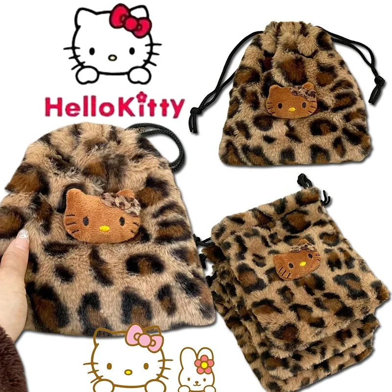 Sanurgente-Sac à main en peluche léopard Hello Kitty, rouge à lèvres portable, trousse de maquillage, portefeuille en poudre